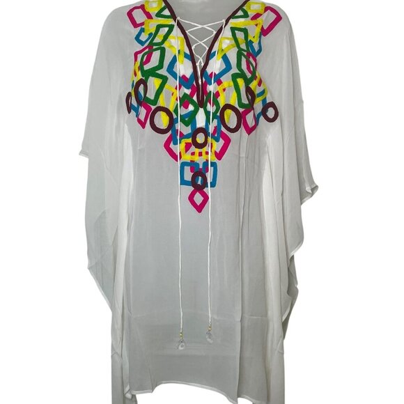 Monique Leshman White Embroidered 100% Silk Sheer Blouse Tunic Top Size Small - Picture 2 of 7